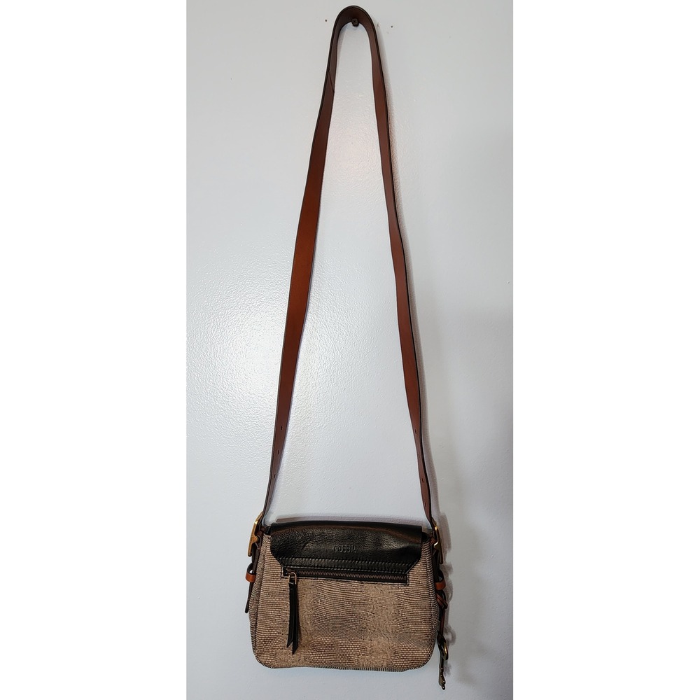 Fossil Crossbody Bag Womens Small Black Brown Key Charm Snakeskin EXC - Picture 4 of 16